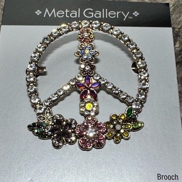 Metal Gallery Gold Tone colorful rhinestones peace sign with flowers Brooch New - Picture 1 of 2